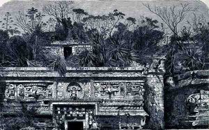 Tempelgebouw ten oosten van het nonnenklooster in Chichen Itza, uit De oude steden van de Nieuwe Wereld, door Claude-Joseph-Desire Charnay, uitgegeven 1887